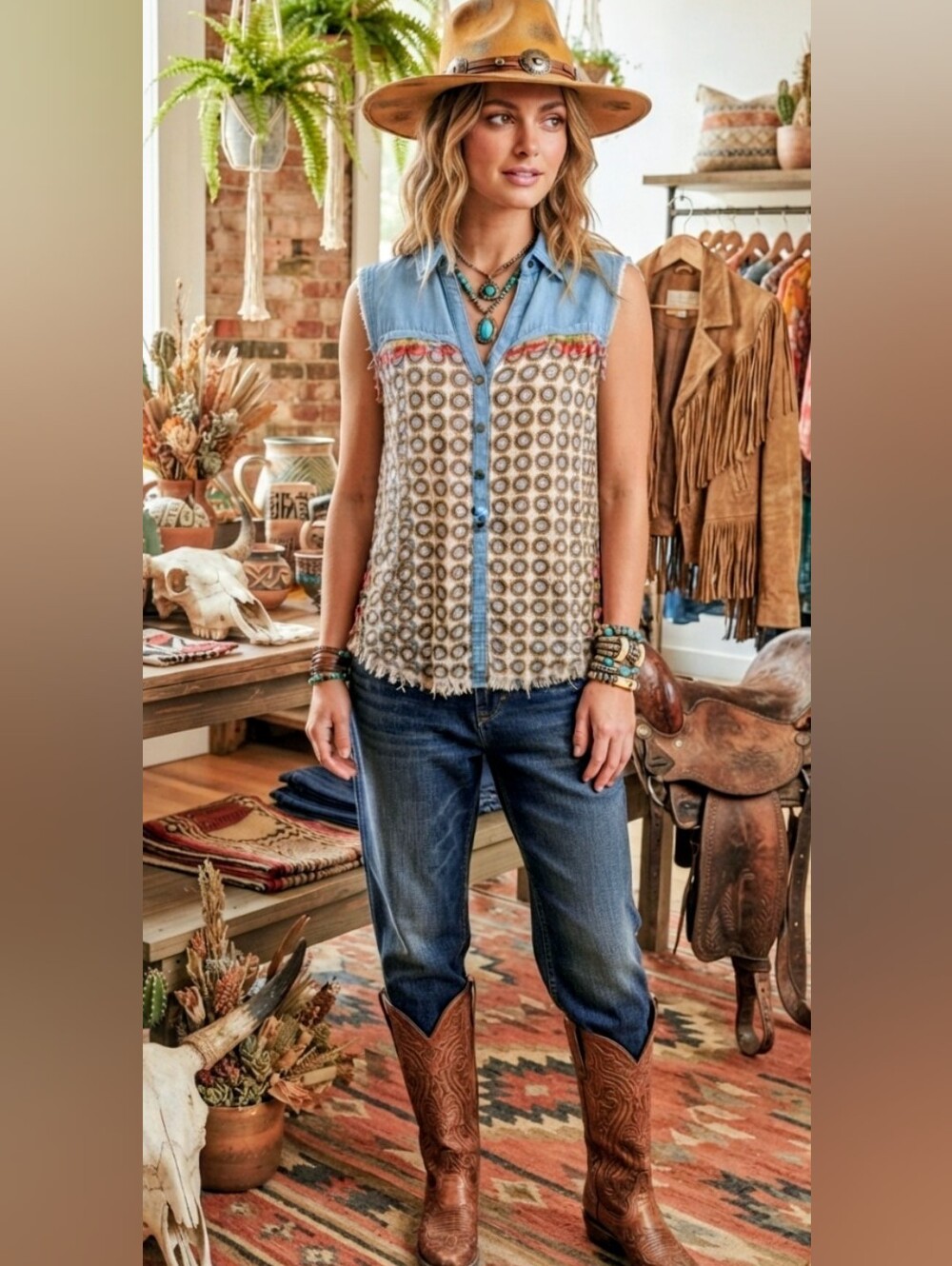 Hold Me Denim Boho Mixed Print Sleeveless Chambray Top Size Small S EUC